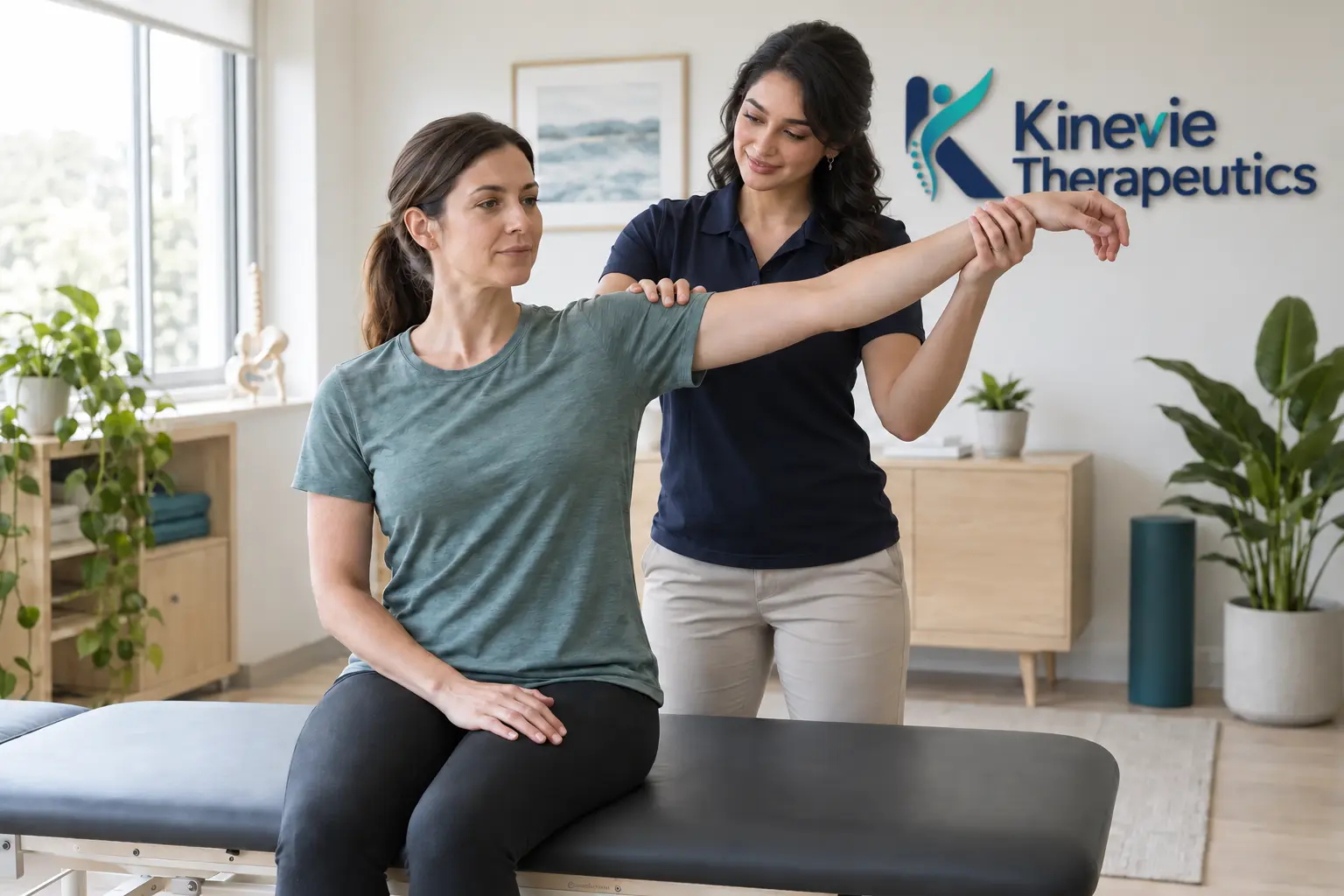A practitioner assessing a client's shoulder mobility